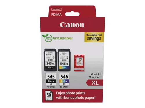 CANON PG-545XL/CL-546XL PHOTO PAPER VALUE PACK CONFEZIONE DA 2 CARTUCCE ALTA RESA NERO - COLORE CIANO MAGENTA GIALLO + 50 FOGLI CARTA FOTOFRAFICA
